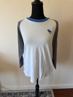 Vintage Abercrombie Crew Neck Raglan Tee with Blue Moose Logo - White & Gray XL